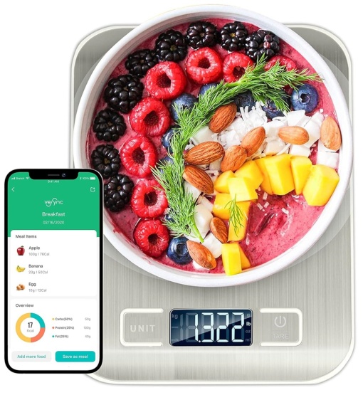 Cântar de Bucătărie Smart 5kg Digital cu Bluetooth, Aplicație Nutridays, Precizie 1g, Oțel Inoxidabil, LCD, Auto On/Off – Cântar Nutrițional pentru Gătit, Dietă, Cafea – Certificat CE/RoHS