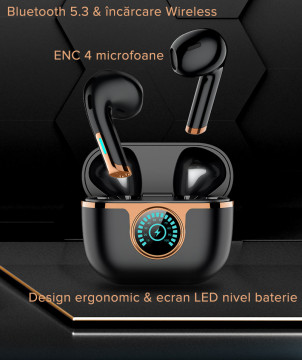Casti wireless audio, QuTek AirSound, Bluetooth 5.3, incarcare wireless si TypeC, ENC 4 microfoane, Carcasa Magnetica, Afisare LED, Autonomie 25h, Negru - Img 1