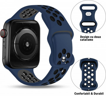 Curea silicon perforat LQT, respirabil, pentru Apple Watch 7/6/5/4/3/2/1, Albastru/Negru - Img 5