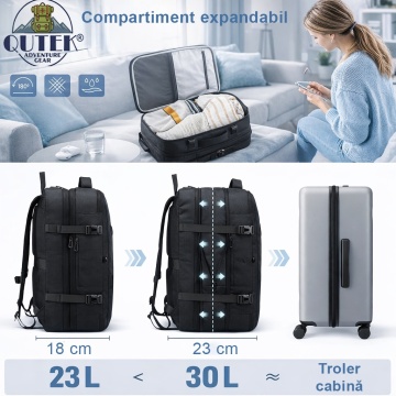 Rucsac de călătorie 30L, bagaj de cabină avion, tip troller, compatibil laptop 15.6”, unisex, negru, QUTEK - Img 4