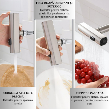Baterie chiuveta bucatarie profesionala QuTek, din Inox, 3 functii mod curgere a apei, rotire, dus extensibil, cascada, modern, culoare argintie, inox inoxidabil - Img 5