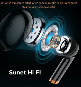 Casti wireless audio, QuTek AirSound, Bluetooth 5.3, incarcare wireless si TypeC, ENC 4 microfoane, Carcasa Magnetica, Afisare LED, Autonomie 25h, Negru - Img 2