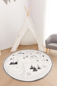Covor Mountains camera copil, stil nordic, Atmosphera, rotund, poliester, dimensiune 90x90 cm