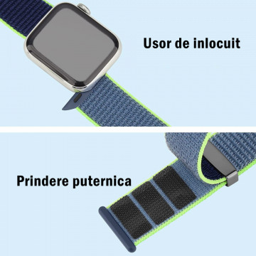 Curea silicon LQT sport loop, pentru Apple Watch 3/2/1, Apple Watch 7/6/5/4/3, Albastru/verde neon - Img 3