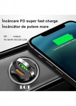 Incarcator Auto Bricheta Mini LQT® SuperFastCharge 100W, USB-A 100W + USB Tip C PD 15W Incarcare Rapida, Compatibilitate Universala, Apple, Samsung, Huawey, Xiaomi, Google, Tableta, Corp Metalic, 12V/24V, Negru - Img 3