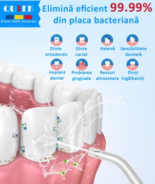 Irigator Bucal tip Dus Bucal Portabil, QUTEK® SMILE, Oral, Gura, 1400 pulsatii/min, baterie 2500mAh, 5 Programe, Timer 2 minute, Rezervor 300ml, 5 Duze incluse, Incarcare Type-C, Protectie supraincalzire, Materiale non-toxice, Alb - Img 6