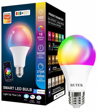 Bec LED RGB inteligent, Wi-Fi, E27, 10W, 810 lm, lumina alba si colorata, control vocal, compatibil Google Assistant, Amazon Alexa, QUTEK - Img 1