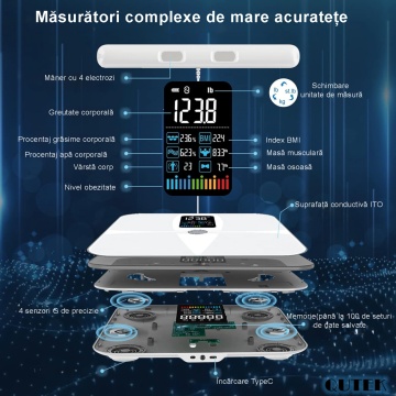 Cântar inteligent pentru grăsime corporală SmartFit cu 8 electrozi, digital, analizor de compoziție completă a corpului cu raport, cântar de baie precis pentru greutatea musculară, 4XAAA, alb - Img 3