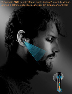 Casti wireless audio, QuTek AirSound, Bluetooth 5.3, incarcare wireless si TypeC, ENC 4 microfoane, Carcasa Magnetica, Afisare LED, Autonomie 25h, Negru - Img 3
