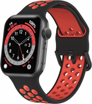 Curea silicon perforat LQT, pentru Apple Watch 7/6/5/4/3/2/1, Negru/Rosu - Img 1