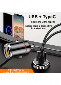 Incarcator Auto Bricheta Mini LQT® SuperFastCharge 100W, USB-A 100W + USB Tip C PD 15W Incarcare Rapida, Compatibilitate Universala, Apple, Samsung, Huawey, Xiaomi, Google, Tableta, Corp Metalic, 12V/24V, Negru - Img 4