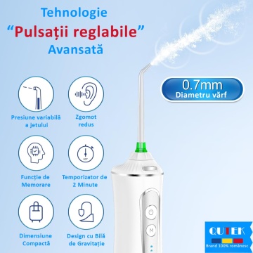 Irigator Bucal tip Dus Bucal Portabil, QUTEK® SMILE, Oral, Gura, 1400 pulsatii/min, baterie 2500mAh, 5 Programe, Timer 2 minute, Rezervor 300ml, 5 Duze incluse, Incarcare Type-C, Protectie supraincalzire, Materiale non-toxice, Alb - Img 3