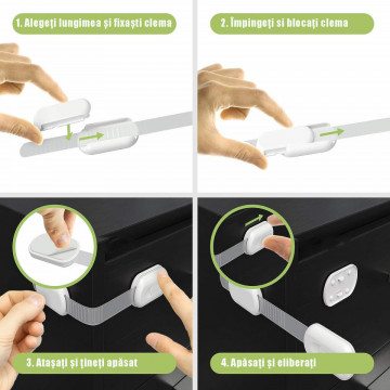 Set 10 Siguranțe pentru Copii și Bebeluși QUTEK, Blocator Multi-Suprafețe (Sertare, Uși, Frigider), Ajustabile, Adeziv 3M, Alb - Img 5