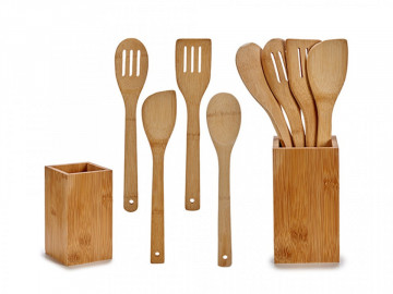 Set bucatarie, 4 ustensile din lemn cu suport din lemn inclus, 9 x 31 x 9 cm - Img 1
