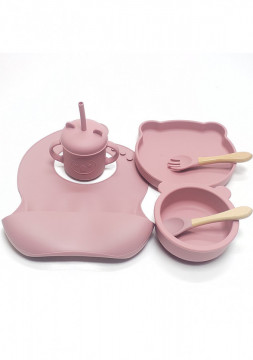 Set hranire bebelusi si copii QuTek, pentru diversificare din silicon BPA free, 6+ luni, farfurie, bol, bavetica, tacamuri, canuta cu pai, roz