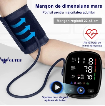 Tensiometru de brat QUTEK™, Bluetooth, Afisaj LCD cu caractere mari, Auto-masurare, Detectare puls neregulat, Validat clinic, Manseta 22-45cm, Oscilometric, 2 Utilizatori, 120 Inregistrari, Negru - Img 4