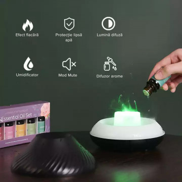 Umidificator LQT Flamma cu difuzor de aroma cu flacara, lumina de noapte cu 7 culori, difuzor de uleiuri esentiale si ceată rece cu ultrasunete pentru casa si birou, negru - Img 2