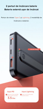 Vedere laterala porturi USB si indicator LED baterie externa