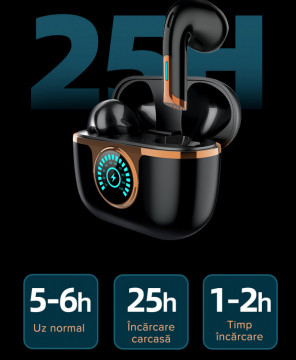 Casti wireless audio, QuTek AirSound, Bluetooth 5.3, incarcare wireless si TypeC, ENC 4 microfoane, Carcasa Magnetica, Afisare LED, Autonomie 25h, Negru - Img 4