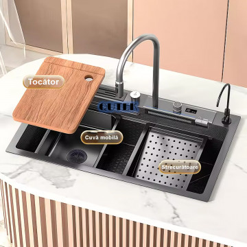 Chiuveta multifunctionala cascada, robinet extensibil, tocator, cuva, strecuratoare, modul spalare pahare, dozator sapun, robinet apa filtrata, afisaj digital temperatura, culoare negru titan, dimensiune 750x450mm - Img 2