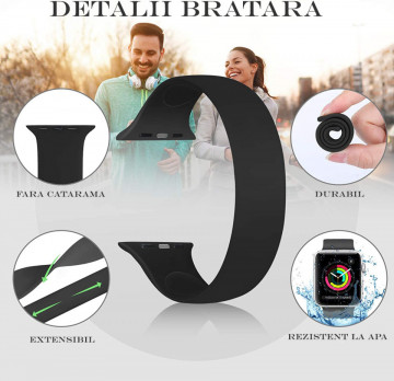 Curea silicon LQT solo loop , pentru Apple Watch 3/2/1, Apple Watch 7/6/5/4/3 Display 42/44/45 mm, Negru - Img 5