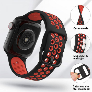 Curea silicon perforat LQT, pentru Apple Watch 7/6/5/4/3/2/1, Negru/Rosu - Img 2