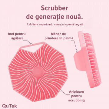 Perie QuTek de corp din silicon, antimicrobian, exfoliant pentru piele sensibila, ecologica, spuma densa, roz - Img 3