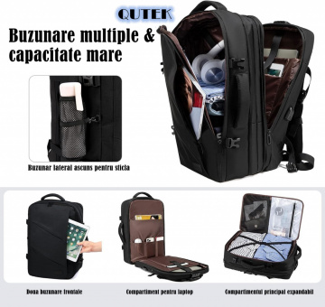 Rucsac QuTek Lovebook expandabil 40L, compartiment laptop 17