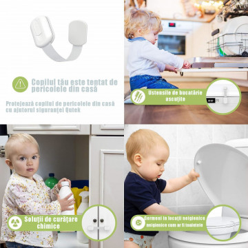 Set 10 Siguranțe pentru Copii și Bebeluși QUTEK, Blocator Multi-Suprafețe (Sertare, Uși, Frigider), Ajustabile, Adeziv 3M, Alb - Img 6