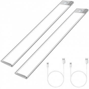 Set 2 lampi LED inteligenta cu senzor QuTek®, portabila, senzor miscare si mana, acumulator, din aluminiu, 2 moduri lucru, 32cm, argintiu - Img 1