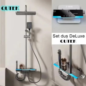 Set de dus QUTEK DeLuxe cu para dreptunghiulara, afisaj digital, iluminare led, montare perete, 4 functii de curgere a apei, dus tip ploaie, dus de mana, design modern, sistem de dus, crom - Img 2