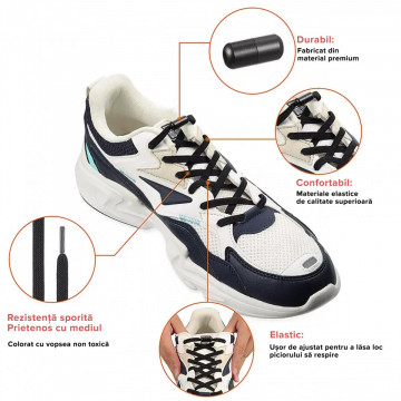 Sireturi elastice LQT cu sistem NO TOUCH si Capsula Metalica colorata pentru copii si adulti, flat, Negru - Img 3