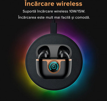 Casti wireless audio, QuTek AirSound, Bluetooth 5.3, incarcare wireless si TypeC, ENC 4 microfoane, Carcasa Magnetica, Afisare LED, Autonomie 25h, Negru - Img 5