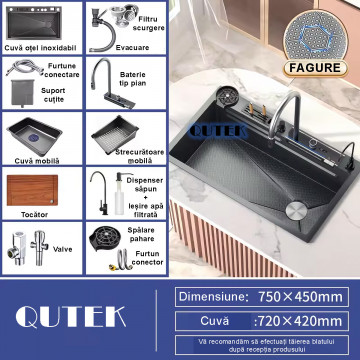 Chiuveta multifunctionala cascada, robinet extensibil, tocator, cuva, strecuratoare, modul spalare pahare, dozator sapun, robinet apa filtrata, afisaj digital temperatura, culoare negru titan, dimensiune 750x450mm - Img 3