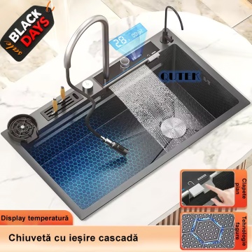 Chiuveta multifunctionala cascada, robinet extensibil, tocator, cuva, strecuratoare, modul spalare pahare, dozator sapun, robinet apa filtrata, afisaj digital temperatura, culoare negru titan, dimensiune 750x450mm