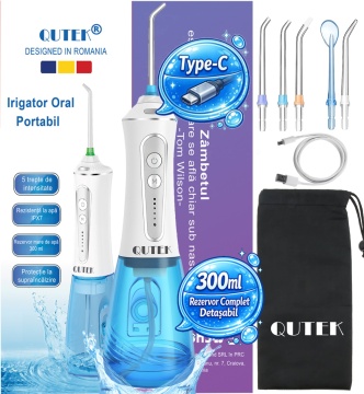 Irigator Bucal tip Dus Bucal Portabil, QUTEK® SMILE, Oral, Gura, 1400 pulsatii/min, baterie 2500mAh, 5 Programe, Timer 2 minute, Rezervor 300ml, 5 Duze incluse, Incarcare Type-C, Protectie supraincalzire, Materiale non-toxice, Alb