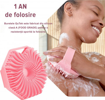 Perie QuTek de corp din silicon, antimicrobian, exfoliant pentru piele sensibila, ecologica, spuma densa, roz - Img 1