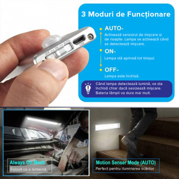 Set 2 lampi LED inteligenta cu senzor QuTek®, portabila, senzor miscare si mana, acumulator, din aluminiu, 2 moduri lucru, 32cm, argintiu - Img 2