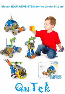 Set educational STEM CREATOR 4 in 1 masini de Jucarie, Demontabil, cu Surubelnita, Instructiuni si Cutie de Depozitare Qutek - Img 1