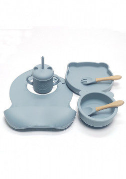 Set hranire bebelusi si copii QuTek, pentru diversificare din silicon BPA free, 6+ luni, farfurie, bol, bavetica, tacamuri, canuta cu pai, albastru marin - Img 1