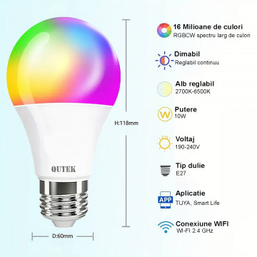 Bec LED RGB inteligent, Wi-Fi, E27, 10W, 810 lm, lumina alba si colorata, control vocal, compatibil Google Assistant, Amazon Alexa, QUTEK - Img 2