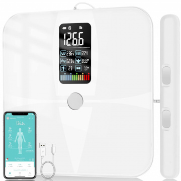 Cântar inteligent SmartFit alb, cu 8 electrozi, digital, analizor de compoziție corporală, raport complet pentru greutatea musculară și grăsimea corporală.