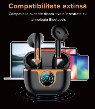 Casti wireless audio, QuTek AirSound, Bluetooth 5.3, incarcare wireless si TypeC, ENC 4 microfoane, Carcasa Magnetica, Afisare LED, Autonomie 25h, Negru - Img 6
