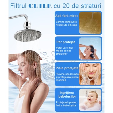 Filtru de apa premium QUTEK® pentru para de dus cu 20 stagii de filtrare, infuzie de minerale si Vitamina C, elimina Clorul, metalele grele, impuritatile si mirosurile neplacute, purificator apa de baie, usor de instalat, accesorii montare, 5500 litri - Img 3