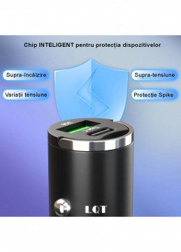 Incarcator Auto Bricheta Mini LQT® SuperFastCharge 100W, USB-A 100W + USB Tip C PD 15W Incarcare Rapida, Compatibilitate Universala, Apple, Samsung, Huawey, Xiaomi, Google, Tableta, Corp Metalic, 12V/24V, Negru - Img 7