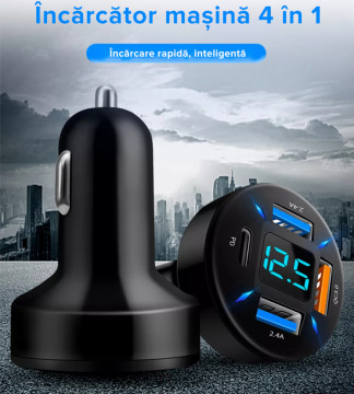 Încărcător auto inteligent LQT Premium 66W, negru, cu porturi USB multiple, iluminare LED albastră și funcție fast charge.