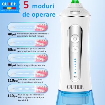 Irigator Bucal tip Dus Bucal Portabil, QUTEK® SMILE, Oral, Gura, 1400 pulsatii/min, baterie 2500mAh, 5 Programe, Timer 2 minute, Rezervor 300ml, 5 Duze incluse, Incarcare Type-C, Protectie supraincalzire, Materiale non-toxice, Alb - Img 4