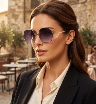 Ochelari de Soare Dama, Hexagonala Negru & Auriu, Lentile Gradient Gri-Mov, 61x17x140mm