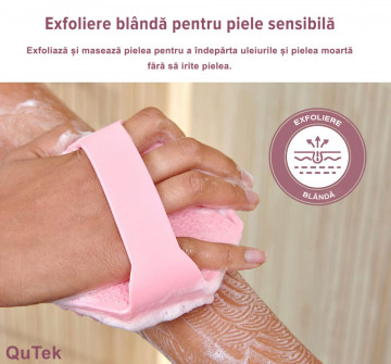 Perie QuTek de corp din silicon, antimicrobian, exfoliant pentru piele sensibila, ecologica, spuma densa, roz - Img 4