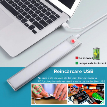 Set 2 lampi LED inteligenta cu senzor QuTek®, portabila, senzor miscare si mana, acumulator, din aluminiu, 2 moduri lucru, 32cm, argintiu - Img 3
